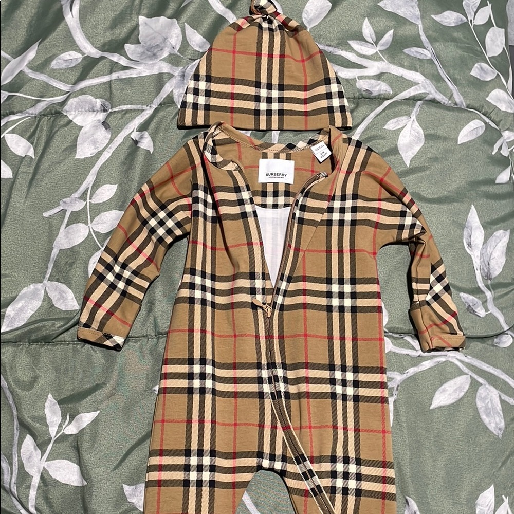 Burberry Baby Plaid Onesie with Hat